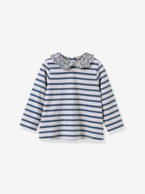 Baby-T-shirts & Roll Neck T-Shirts-Striped tee-shirt with Liberty fabric collar for babies CYRILLUS