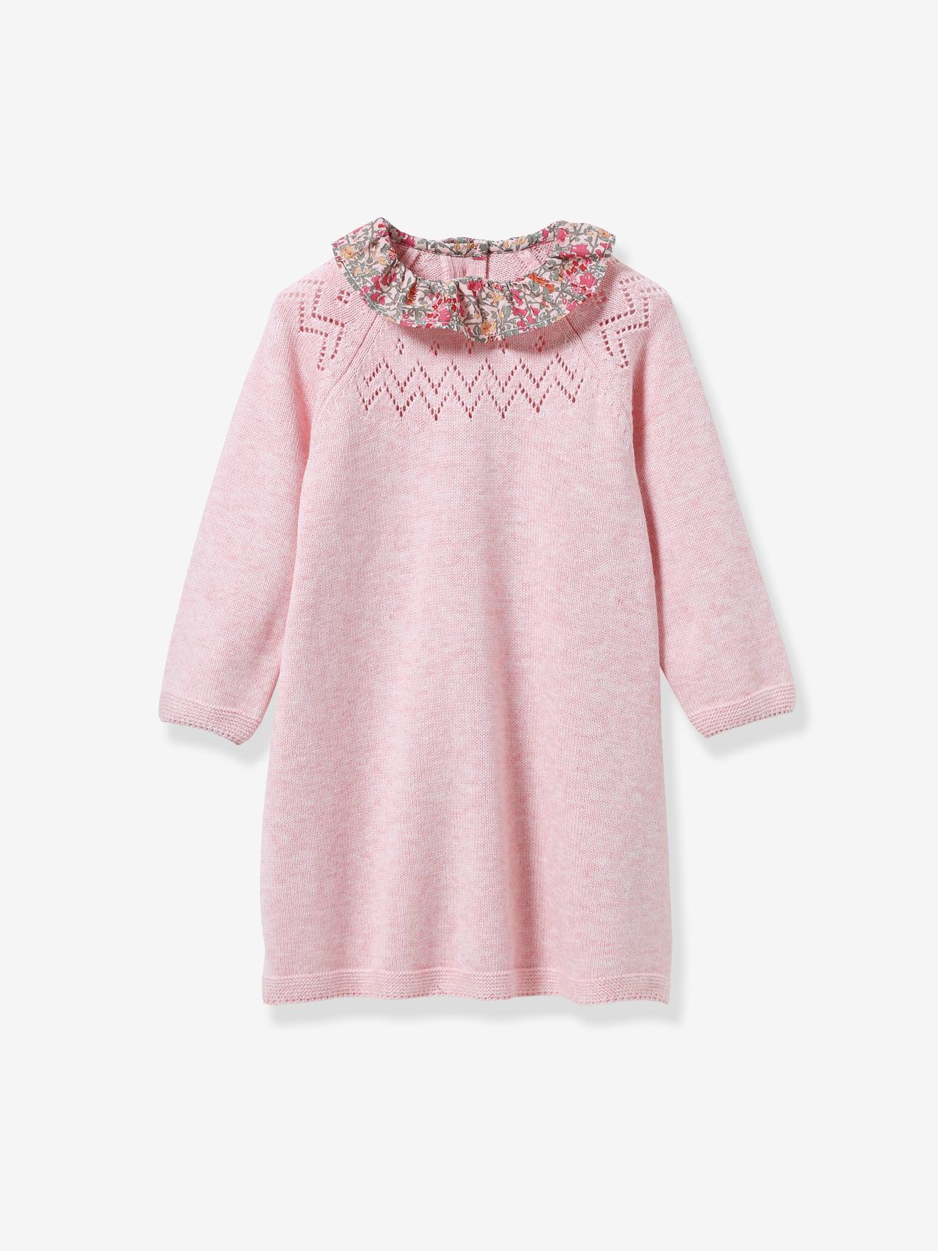 Knitted robe with Liberty fabric collar for babies CYRILLUS - marl pink,  Baby