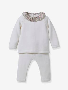 Baby-Outfits-Knitted baby set with liberty fabric collar CYRILLUS