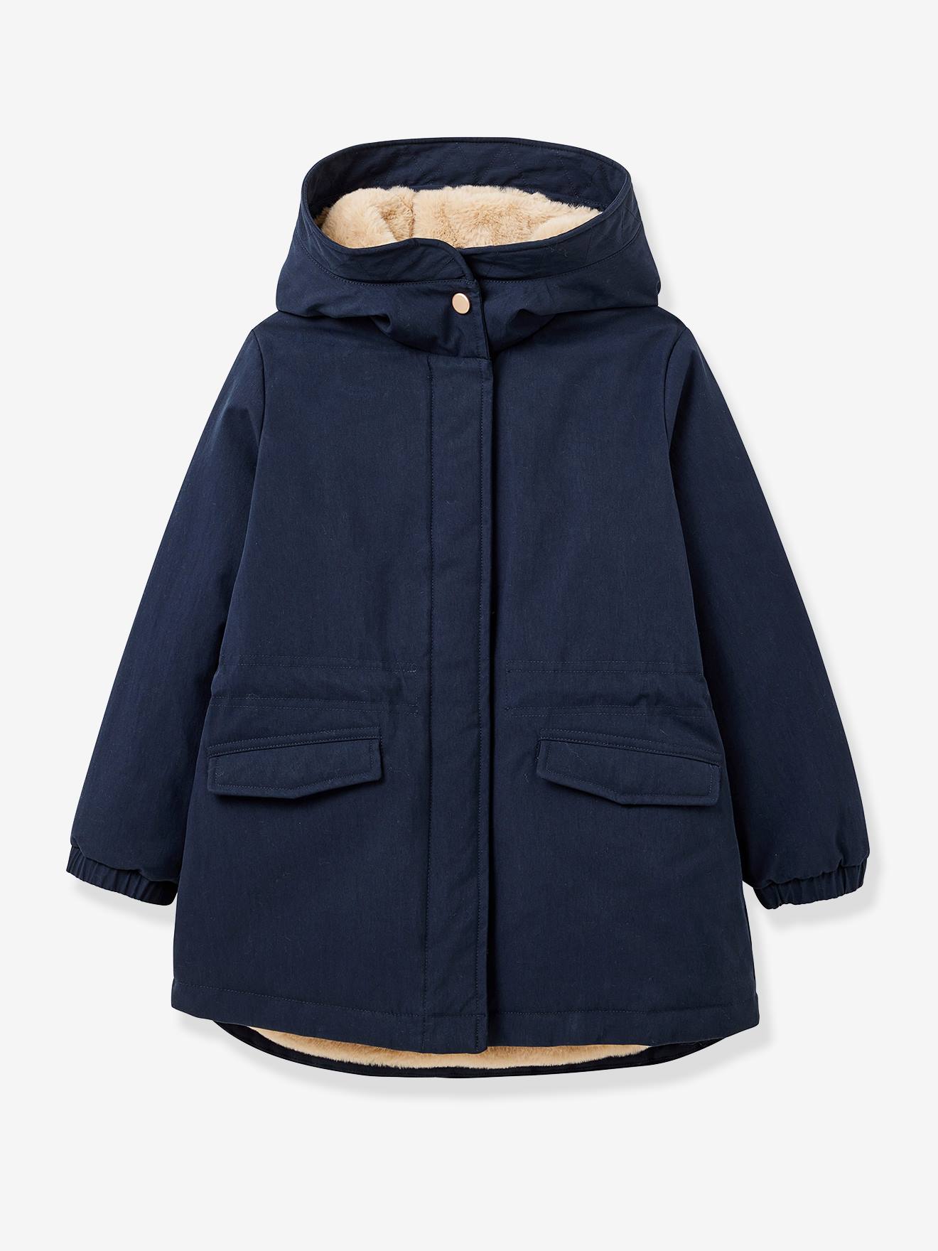 CYRILLUS faux fur lined parka for girls navy blue, Girls