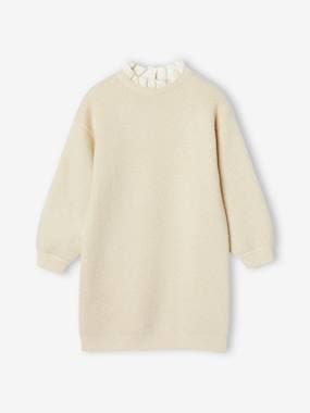 Girls-Fine Knit Dress, Broderie Anglaise Collar, for Girls