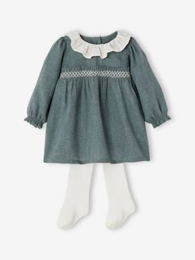 Baby-Christmas Special Dress with Frilled Collar + Tights Ensemble for Babies