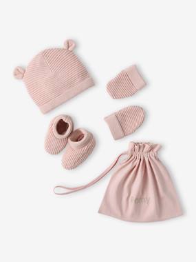 Bébé-Accessoires-Ensemble bonnet, moufles et chaussons bébé naissance et son pochon personnalisable