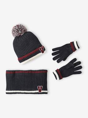 Garçon-Accessoires-Ensemble bonnet + snood + gants en maille côtelée garçon