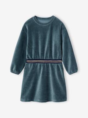 Girls-Velour Dress with Striped Iridescent Belt, for Girls