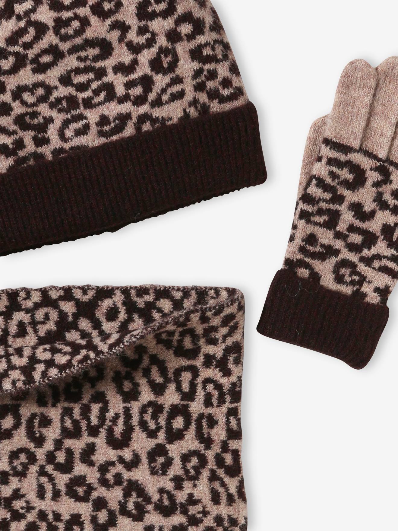 Leopard Beanie + Snood + Gloves Set for Girls - printed 
