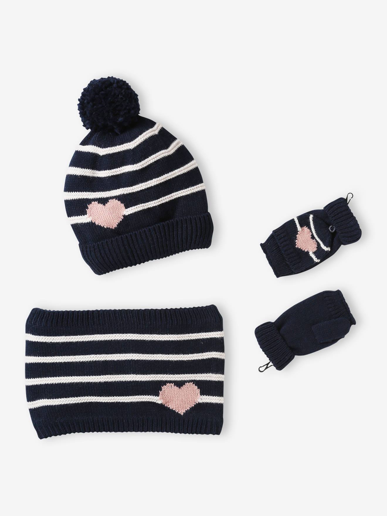 Ensemble Bonnet + Snood + Moufles/Mitaines Vertbaudet Fille | Rayures & Cœurs | Taille 2/3 Ans (2/3A) - 7