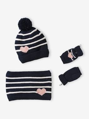 Girls-Outfits-Stripes/Hearts Beanie + Snood + Mittens/Fingerless Mitts Set for Girls