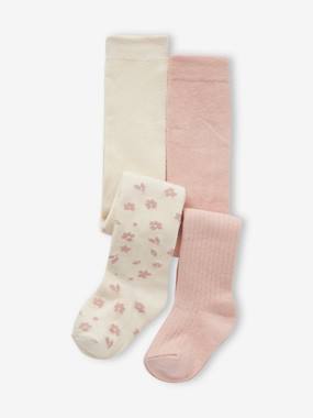 Baby-Socks & Tights-Pack of 2 Pairs of Floral & Rib Knit Tights for Baby Girls