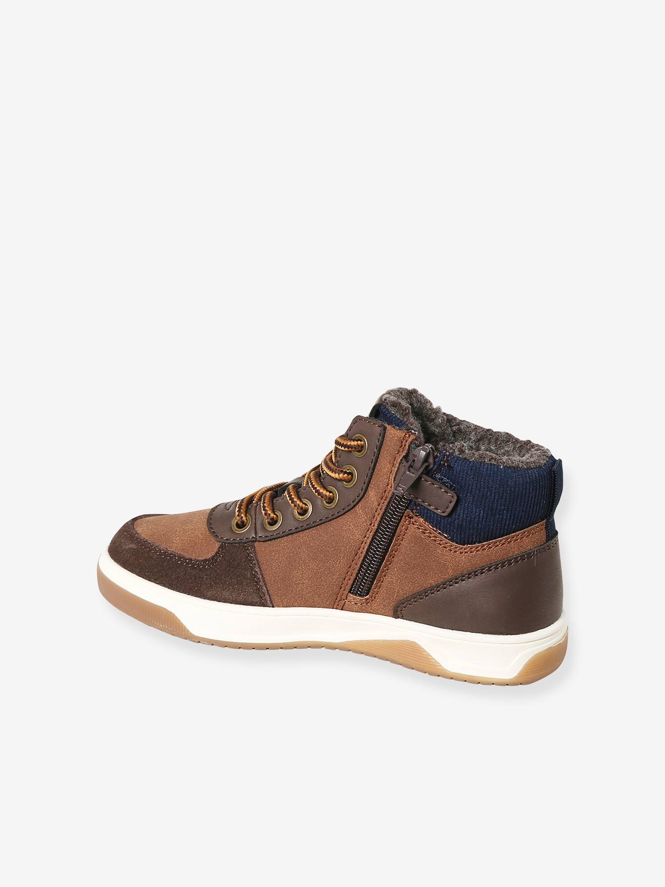 Basket montantes fourrees garcon lacets et zips marron Chaussures