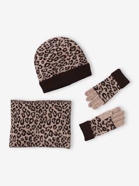 Girls-Outfits-Leopard Beanie + Snood + Gloves Set for Girls