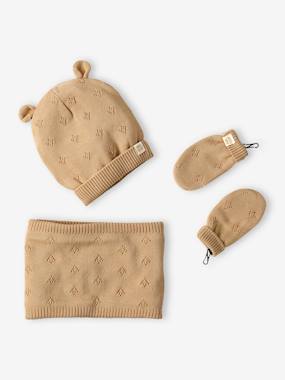 Baby-Accessories-Openwork Beanie with Ears + Snood + Mittens Set for Baby Girls