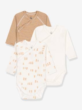 Baby-Bodysuits-Pack of 3 long-sleeved crossover baby bodies with hearts in organic cotton PETIT BATEAU