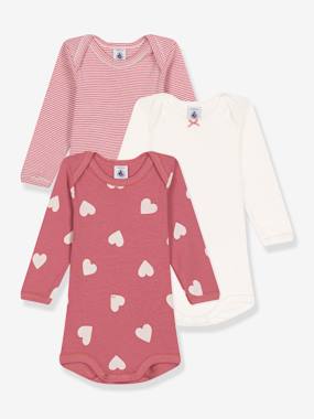 Baby-Bodysuits-Pack of 3 long-sleeved baby cotton bodies with hearts PETIT BATEAU