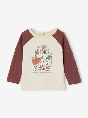 Baby-T-shirts & Roll Neck T-Shirts-Organic Cotton Top with Raglan Sleeves & Artists Motifs for Babies