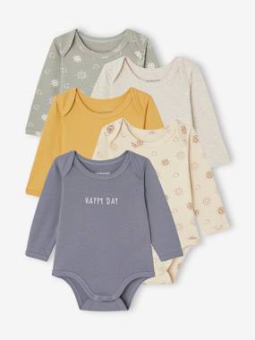 Baby-Bodysuits-Pack of 5 Long Sleeve Bodysuits in Organic Cotton with Cutaway Shoulders for Newborn Babies