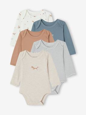 Baby-Bodysuits-Pack of 5 Long Sleeve Bodysuits in Organic Cotton with Cutaway Shoulders for Babies