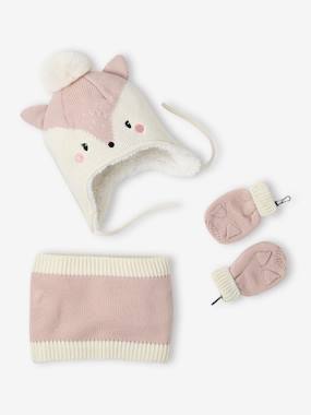 Baby-Accessories-Kitty Beanie + Snood + Mittens Set for Baby Girls