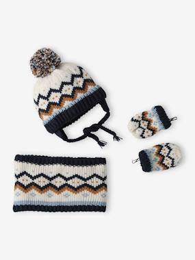 -Jacquard Knit Beanie with Ears + Snood + Mittens Set for Baby Boys