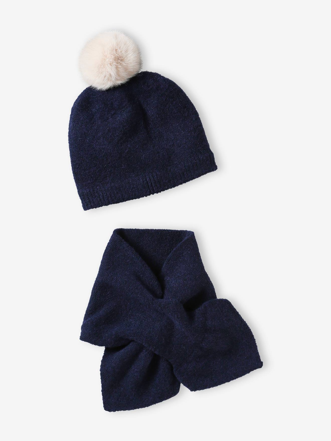 Beanie with Pompom + Scarf Set in Soft Knit for Girls - navy  display picture 2