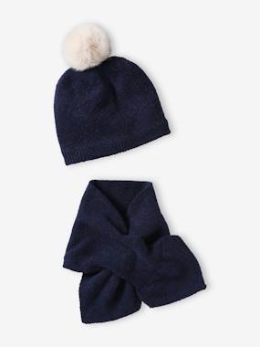 Girls-Outfits-Beanie with Pompom + Scarf Set in Soft Knit for Girls