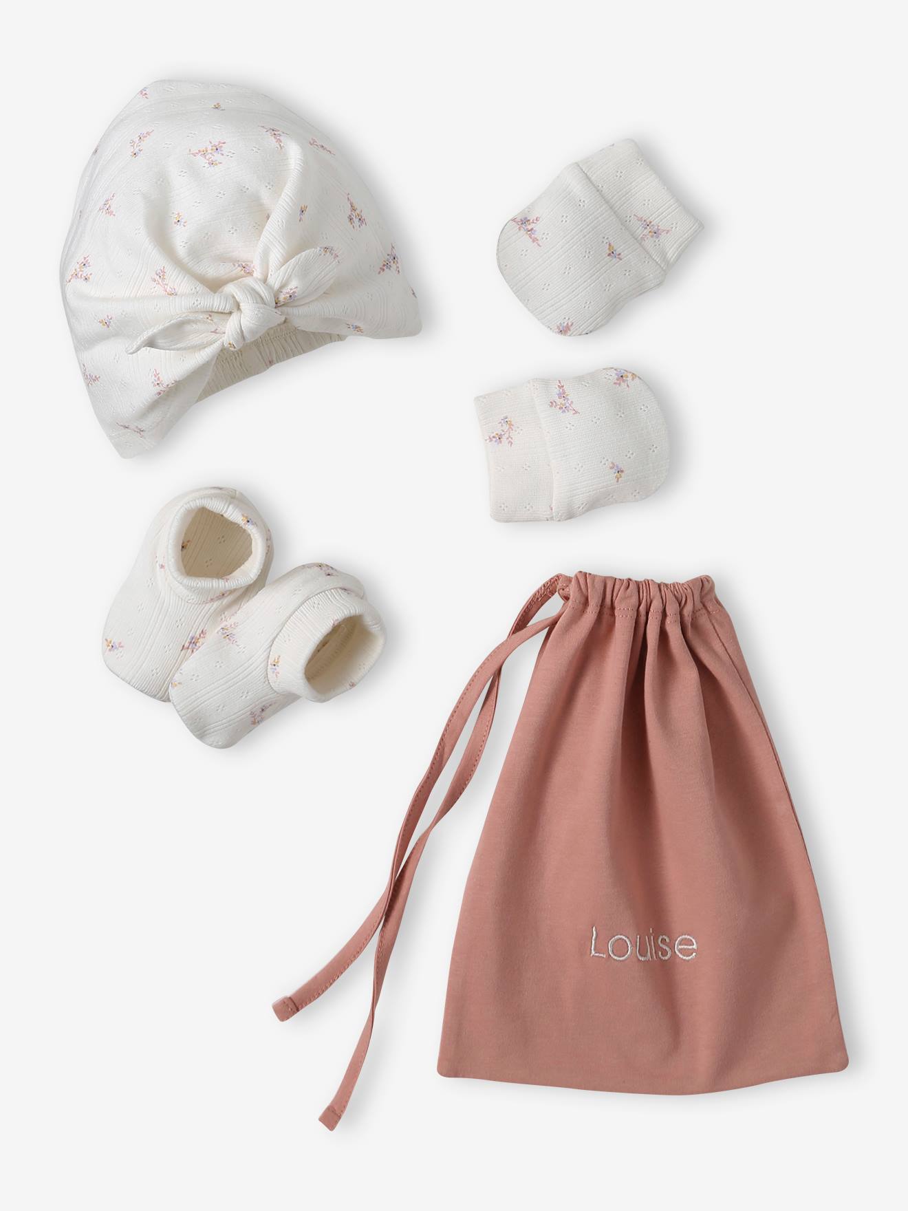 Ensemble naissance fille bonnet moufles chaussons pochon personnalisable rose Bebe