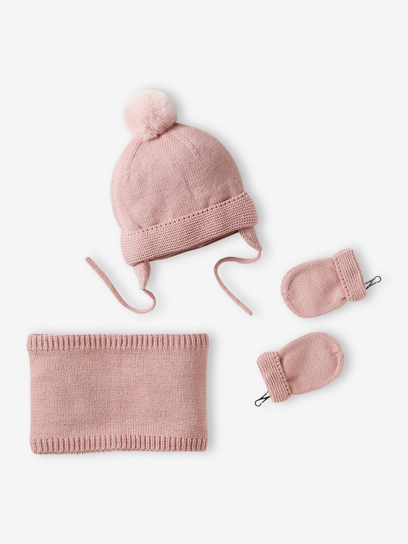 Beanie Snood Mittens Set for Baby Girls rosy, Baby