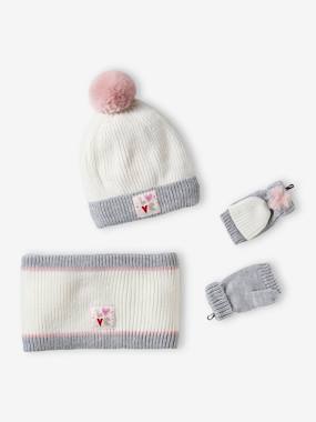 -Ensemble bonnet + snood + gants/mitaines "Love" fille