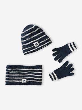 Boys-Accessories-Striped Beanie + Snood + Gloves Set for Boys