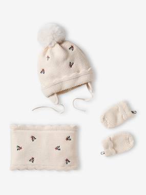 Ensemble chapka, snood et moufles bébé en sherpa sable, Bébé