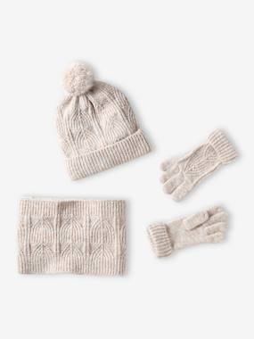 Girls-Outfits-Beanie + Snood + Mittens Set in Shimmering Cable-Knit