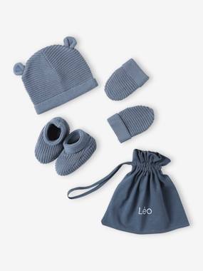 Bébé-Ensemble bonnet, moufles et chaussons bébé naissance et son pochon personnalisable