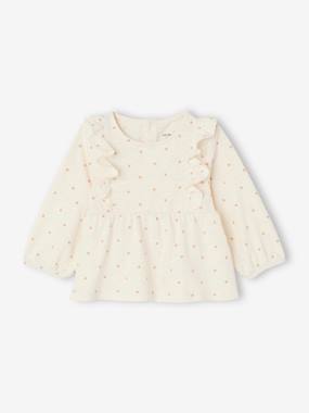 Baby-T-shirts & Roll Neck T-Shirts-Dotted, Long Sleeve T-Shirt with Ruffles for Baby Girls