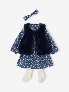 Baby-4-Piece Ensemble for Babies: Dress + Reversible Bodywarmer + Headband + Tights