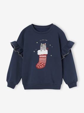 Sweatshirt with Ruffles & Fancy Cat Motifs for Girls  - vertbaudet enfant