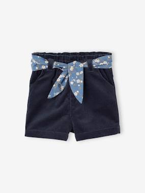 Baby-Shorts-Velour Shorts with Floral Tie Belt, for Babies