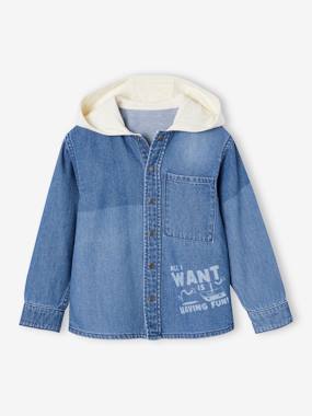 -Hooded Denim Shirt with Patches for Boys