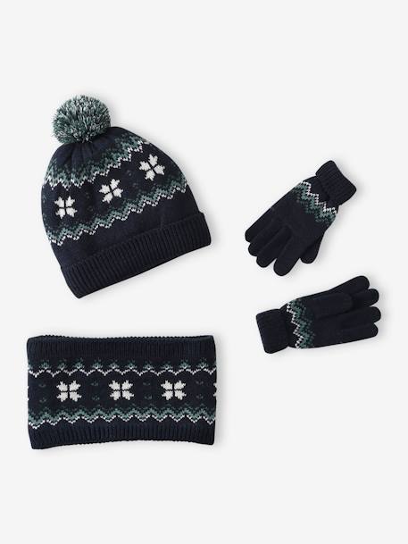 Ensemble Bonnet + Snood + Gants Colorblock Pour Garçon - Maille Côtelée - Doublure Polaire