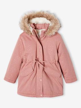 Girls-Coats & Jackets-Glittery Parka Lined in Faux Fur, for Girls