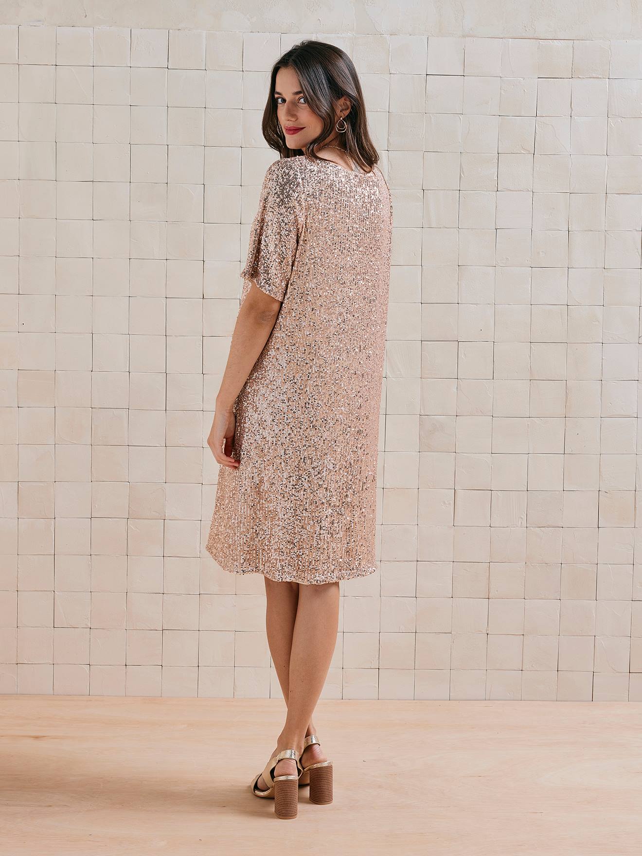 pregnancy sequin dress Pink Sequin Short Sleeve Maternity Maxi Dress