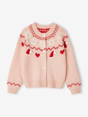 Girls-Cardigans, Jumpers & Sweatshirts-Jacquard Knit Christmas Cardigan with Shimmery Details for Girls