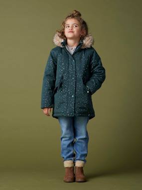 Girls-Coats & Jackets-Glittery Parka Lined in Faux Fur, for Girls