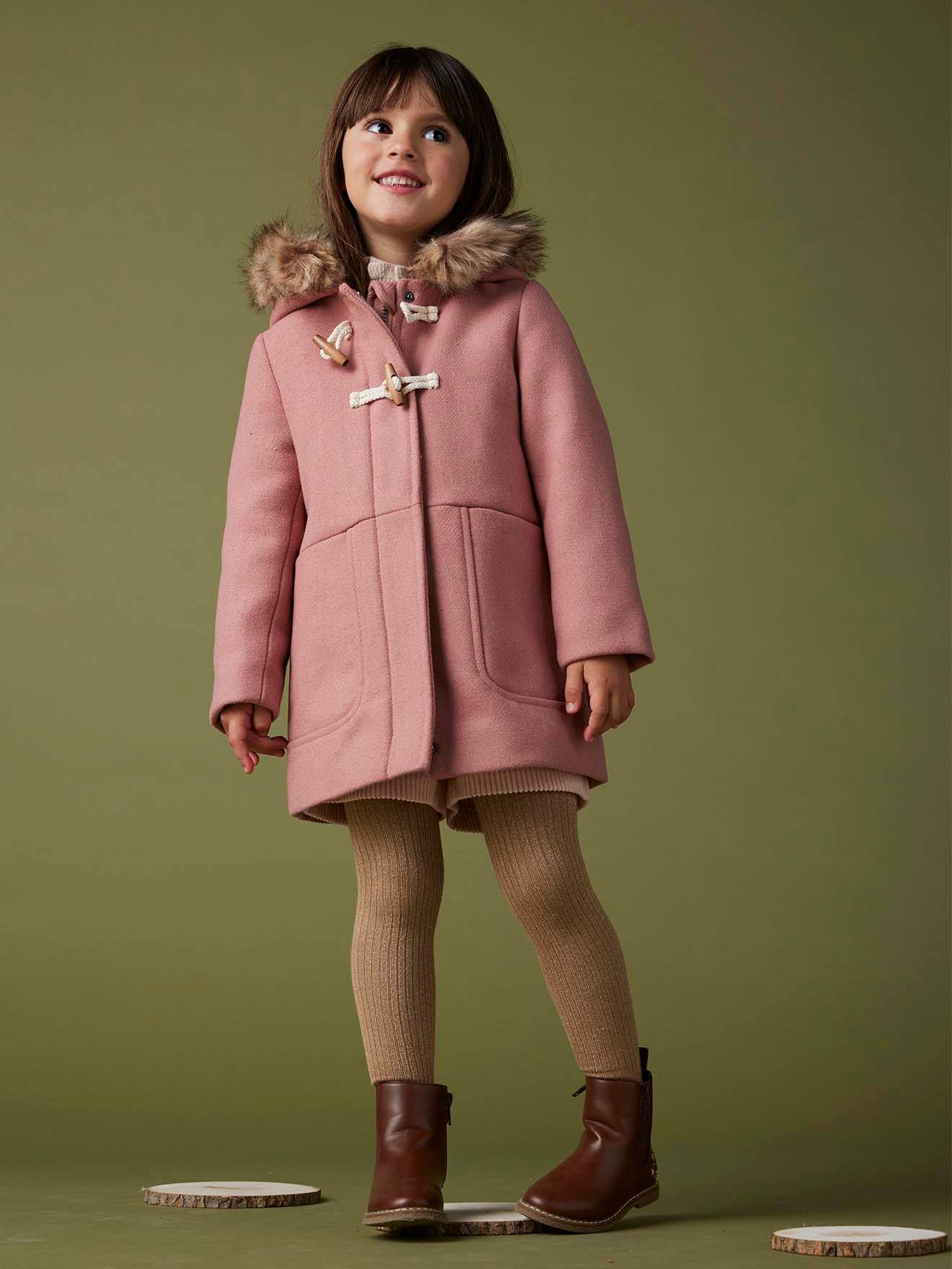 Hooded Duffel Coat with Toggles in Woollen Fabric for Girls blush Girls