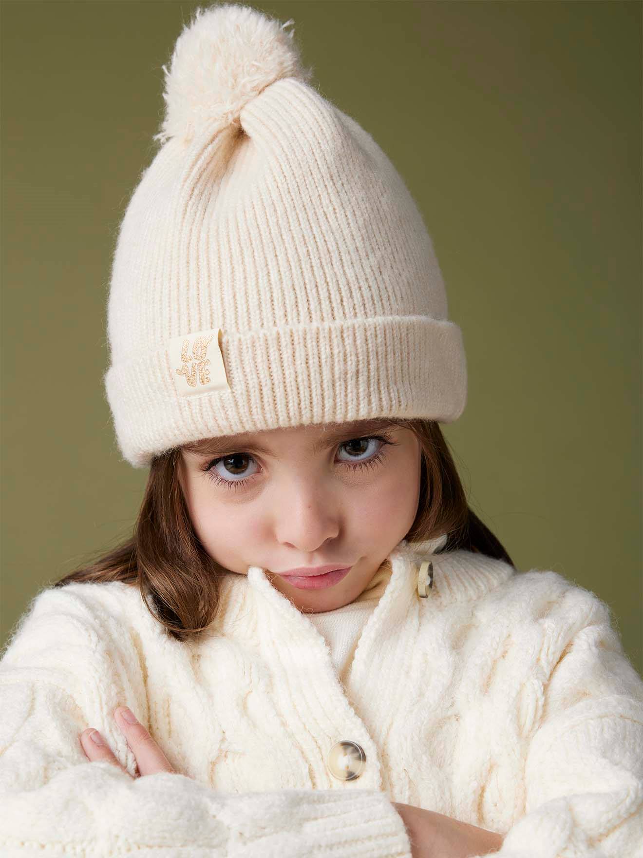 Ensemble fille en maille cotelee bonnet echarpe moufles mitaines beige chine Fille