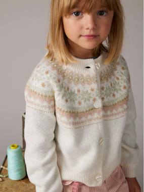 -Fancy Jacquard Knit Cardigan in Shimmery Yarn for Girls