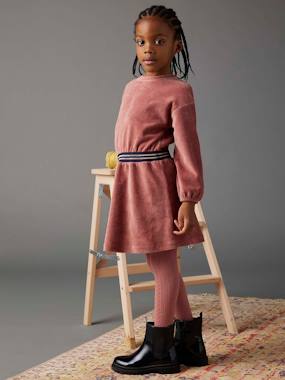 Girls-Velour Dress with Striped Iridescent Belt, for Girls