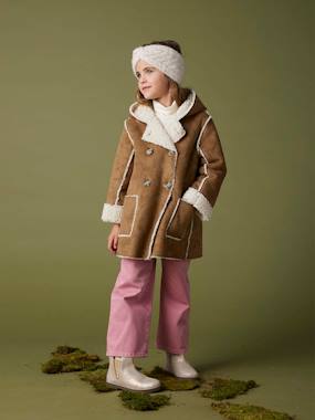 -Shearling-Type Coat with Hood for Girls