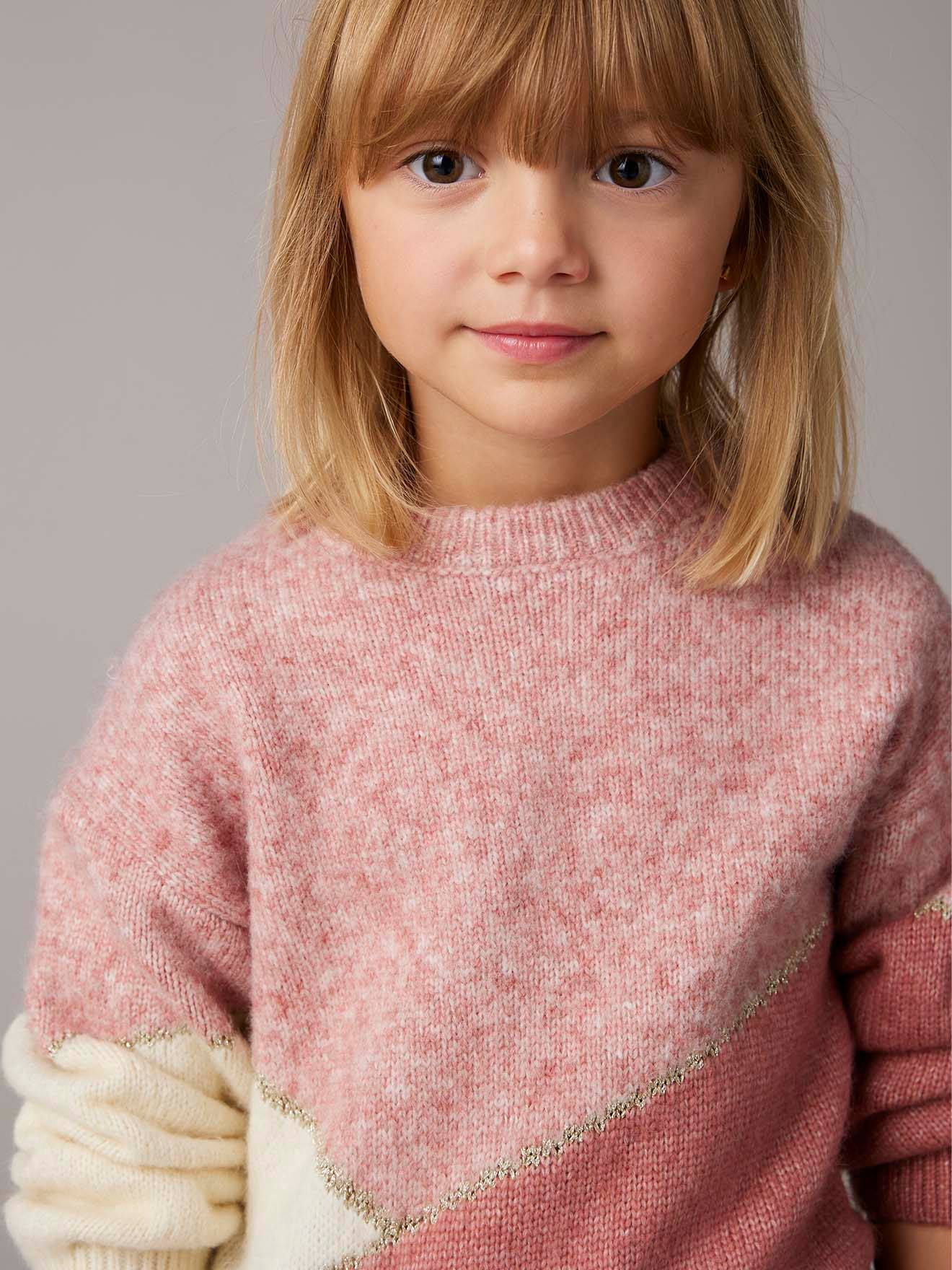 Pull M&S Fille Colourblock - Bleu, Coton, Col Rond, Taille 9-10 Ans (occasion Très Bon état)