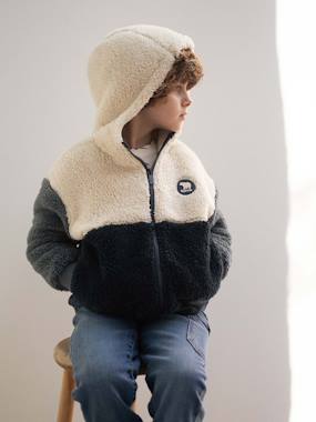 Boys-Cardigans, Jumpers & Sweatshirts-Sweatshirts & Hoodies-Colourblock Sherpa Jacket with Zip & Hood for Boys