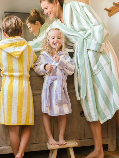 Peignoir de bain Enfant rayures TRANSAT capsule famille personnalisable, avec coton recyclé rayé jaune+rayé rose+rayé vert+rayé violet - vertbaudet enfant 